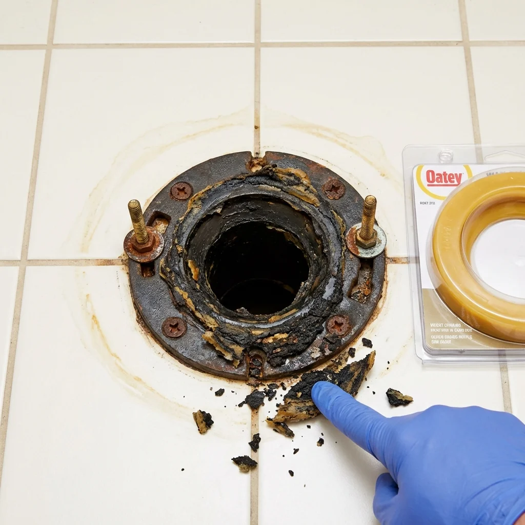 Failed wax ring showing water seepage at the base of a toilet in a Lexington, IL home