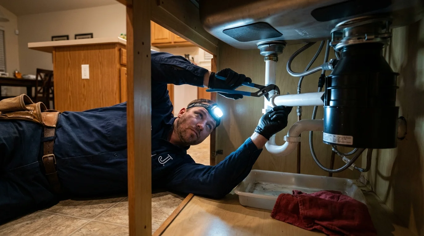 P-trap and supply line connections under a kitchen sink showing a common leak point in Lexington, IL